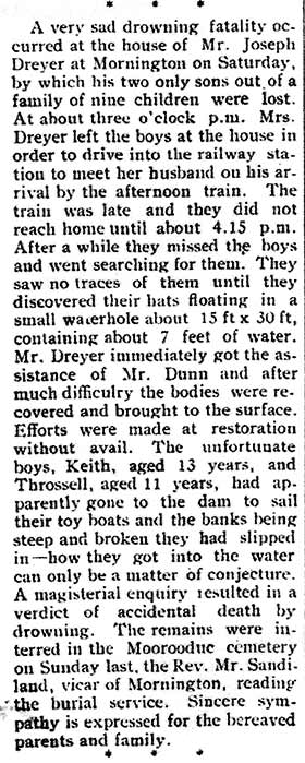  Newspaper cutting re drowning